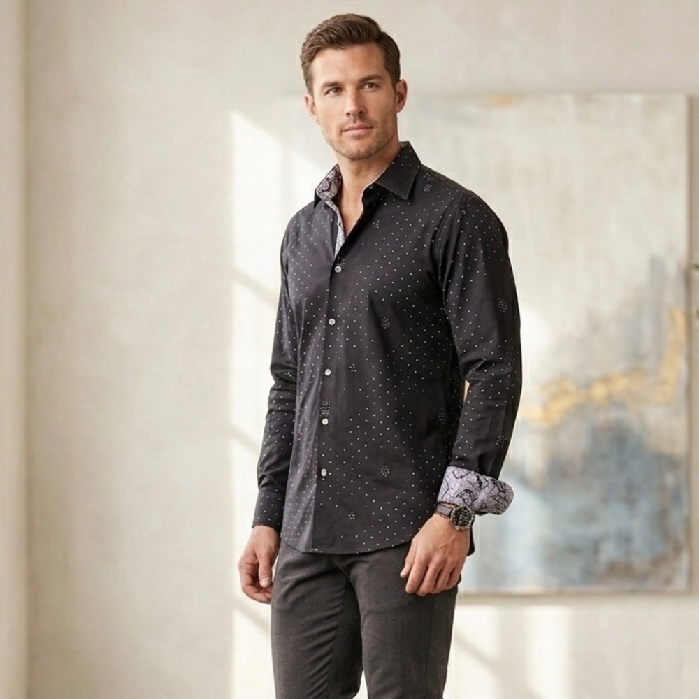 Bugatchi Uomo Mens Black Dotted Geometric Cotton Button Down Shirt Large Paisley